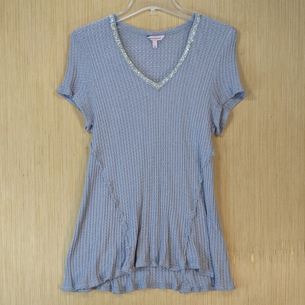 Juicy Couture Women Metallic Waffle Knit Rhinestone Bling Top L Grey V-Neck